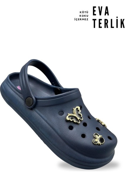 Aksesuarlı 4 cm Kalın Taban Kadın Sabo Terlik Hastane Terliği 1014 Lacivert