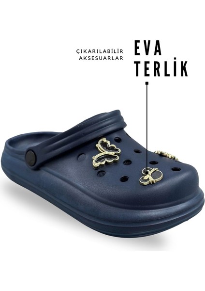 Aksesuarlı 4 cm Kalın Taban Kadın Sabo Terlik Hastane Terliği 1014 Lacivert fiyatları