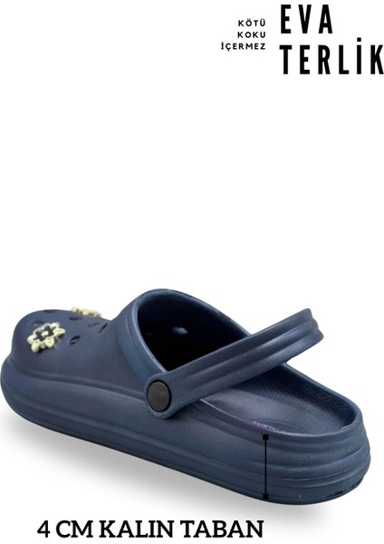 Aksesuarlı 4 cm Kalın Taban Kadın Sabo Terlik Hastane Terliği 1014 Lacivert modelleri