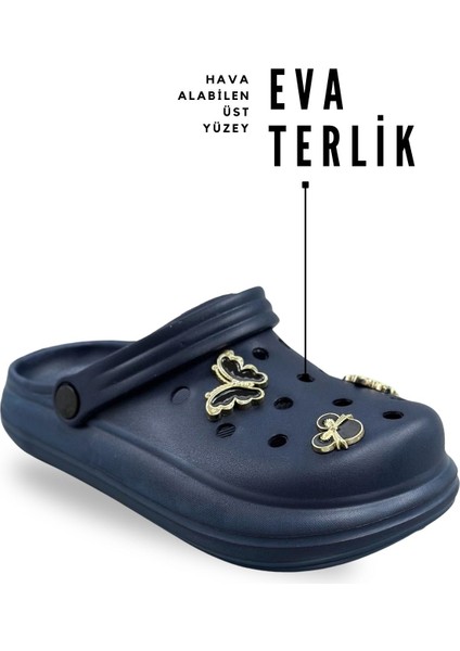 Aksesuarlı 4 cm Kalın Taban Kadın Sabo Terlik Hastane Terliği 1014 Lacivert fırsatları