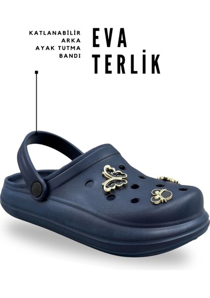 Aksesuarlı 4 cm Kalın Taban Kadın Sabo Terlik Hastane Terliği 1014 Lacivert indirimleri