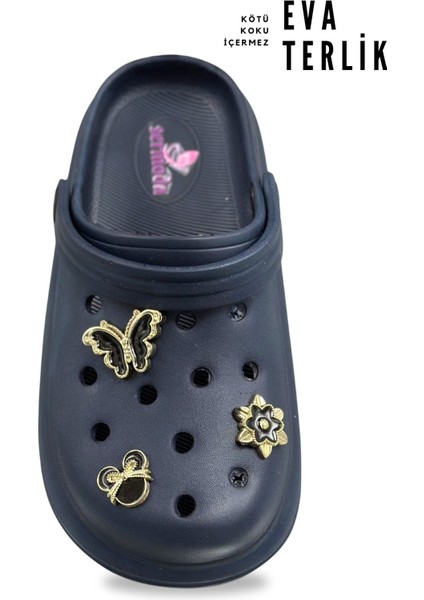 Aksesuarlı 4 cm Kalın Taban Kadın Sabo Terlik Hastane Terliği 1014 Lacivert