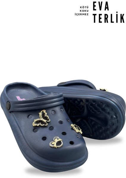 Aksesuarlı 4 cm Kalın Taban Kadın Sabo Terlik Hastane Terliği 1014 Lacivert