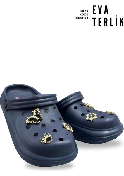 Aksesuarlı 4 cm Kalın Taban Kadın Sabo Terlik Hastane Terliği 1014 Lacivert