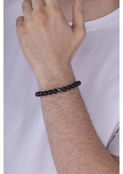 Hematit Detaylı Yuvarlak Kesim Oniks Taşlı Doğal Taş Erkek Bileklik