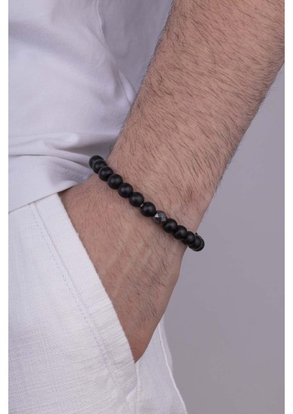 Hematit Detaylı Yuvarlak Kesim Oniks Taşlı Doğal Taş Erkek Bileklik fiyatları