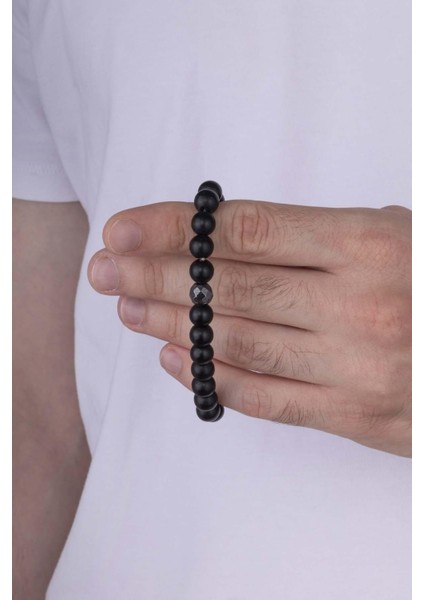 Hematit Detaylı Yuvarlak Kesim Oniks Taşlı Doğal Taş Erkek Bileklik modelleri