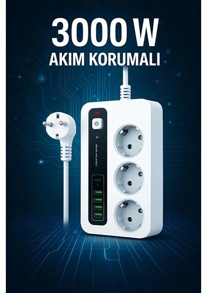 P10 3x Priz 3000W Akım Korumalı 4x USB 2x Type-C Girişli Çoklu Priz