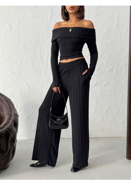 Kadın Madonna Yaka Parmak Geçmeli Bluz Pantolon Alt-Üst Takım