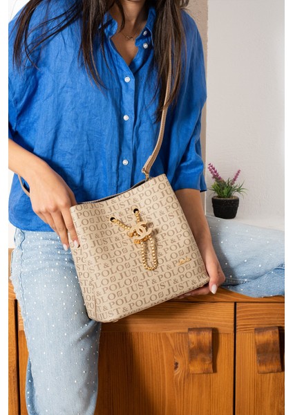 Just & Polo Kadın Vizon Monogram Desenli Ayarlanabilir Askılı Çok Bölmeli Lüks El ve Omuz Çantası modelleri