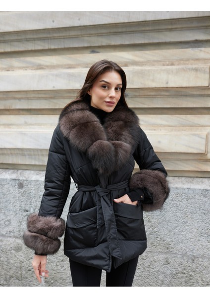 Fior Di Pelliccia Hakiki Kürklü Yaka Mont Siyah