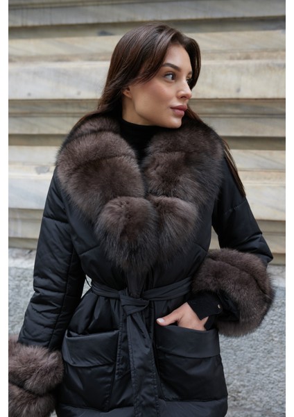 Fior Di Pelliccia Hakiki Kürklü Yaka Mont Siyah modelleri