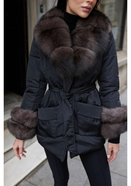 Fior Di Pelliccia Hakiki Kürklü Yaka Mont Siyah fırsatları