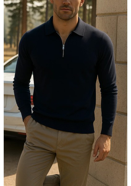Erkek Kışlık Yarım Fermuarlı Lacivert Sweatshirt modelleri