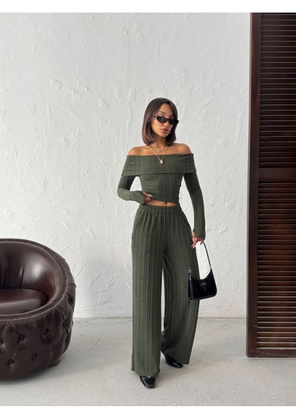 Kadın Madonna Yaka Parmak Geçmeli Bluz Pantolon Alt-Üst Takım