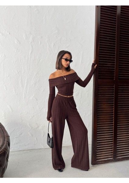 Kadın Madonna Yaka Parmak Geçmeli Bluz Pantolon Alt-Üst Takım