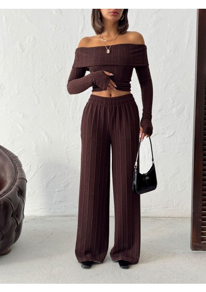 Kadın Madonna Yaka Parmak Geçmeli Bluz Pantolon Alt-Üst Takım