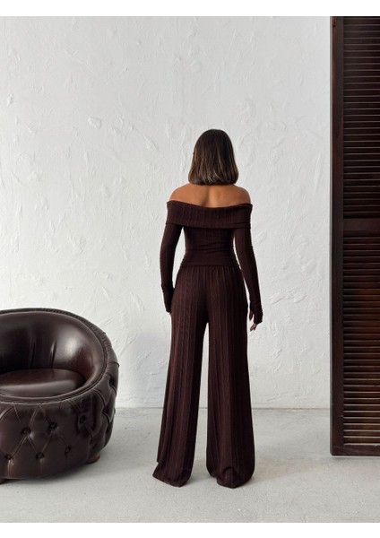 Kadın Madonna Yaka Parmak Geçmeli Bluz Pantolon Alt-Üst Takım