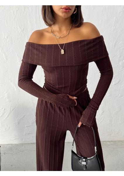 Kadın Madonna Yaka Parmak Geçmeli Bluz Pantolon Alt-Üst Takım