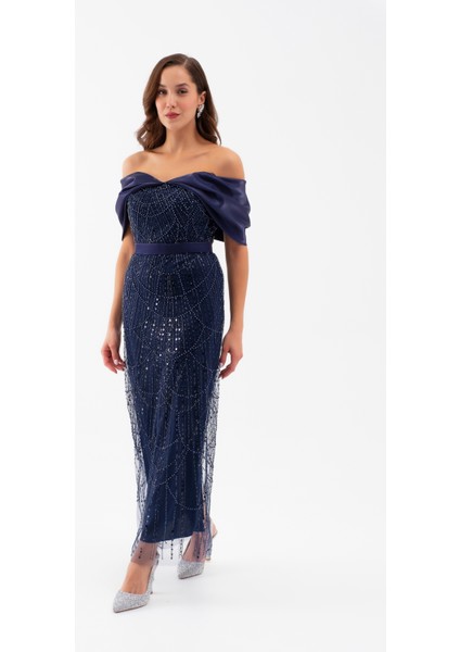 Kadın Lacivert Kayık Yaka Midi Boncuklu Abiye Elbise
