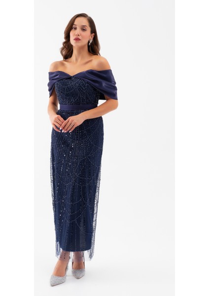 Kadın Lacivert Kayık Yaka Midi Boncuklu Abiye Elbise fiyatları