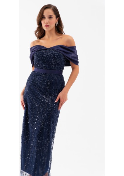 Kadın Lacivert Kayık Yaka Midi Boncuklu Abiye Elbise modelleri