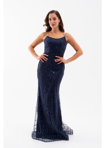 Kadın Lacivert Askılı Boncuklu Uzun Balık Abiye Elbise