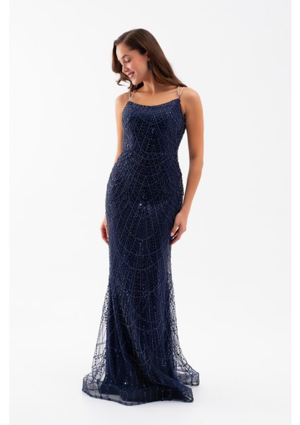 Kadın Lacivert Askılı Boncuklu Uzun Balık Abiye Elbise fiyatları