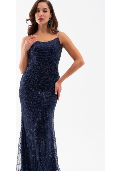 Kadın Lacivert Askılı Boncuklu Uzun Balık Abiye Elbise modelleri