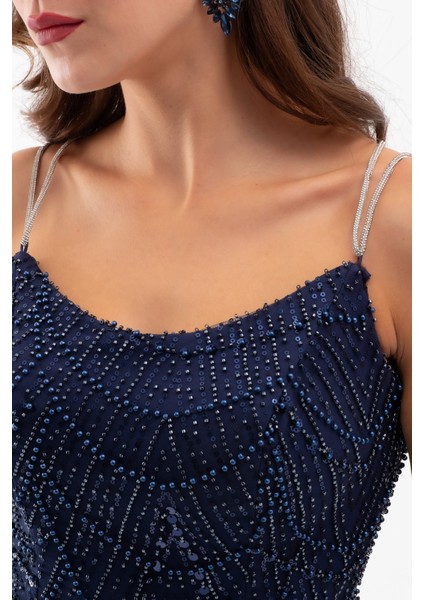 Kadın Lacivert Askılı Boncuklu Uzun Balık Abiye Elbise fırsatları