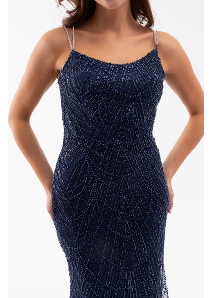 Kadın Lacivert Askılı Boncuklu Uzun Balık Abiye Elbise indirimleri
