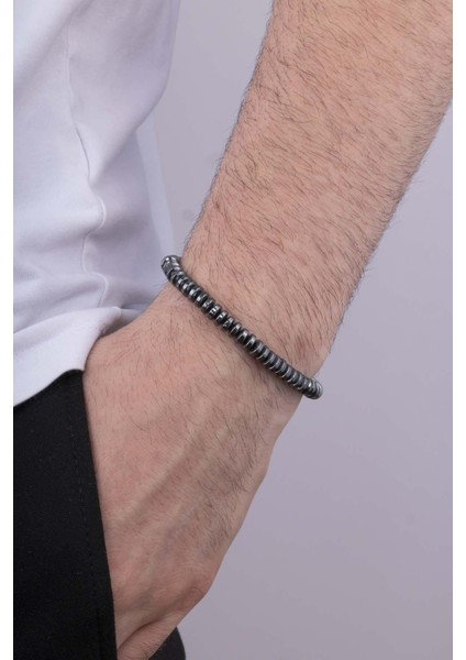 Tek Sıra Yuvarlak Kesim Hematit Taşı Doğal Taş Erkek Bileklik