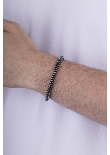 Tek Sıra Yuvarlak Kesim Hematit Taşı Doğal Taş Erkek Bileklik modelleri