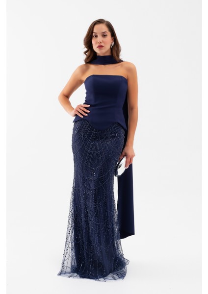 Kadın Lacivert Straplez Taşlı Uzun Balık Abiye fiyatları