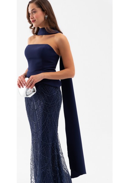 Kadın Lacivert Straplez Taşlı Uzun Balık Abiye modelleri