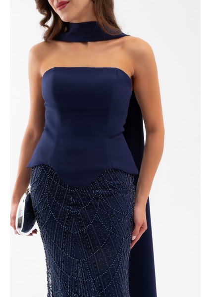 Kadın Lacivert Straplez Taşlı Uzun Balık Abiye fırsatları