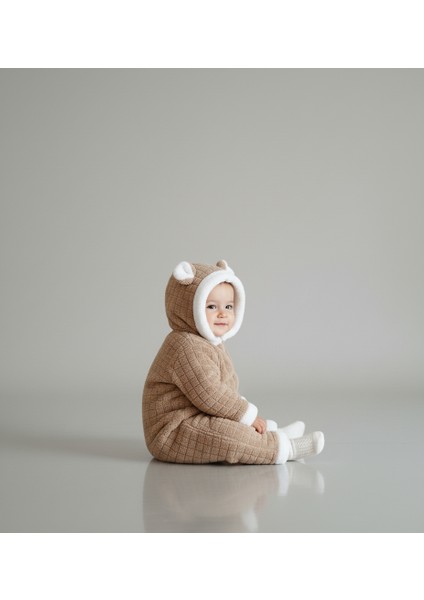 Kulaklı Kapüşonlu Kare Desenli Içi Welsoft Kürklü Bebek Tulumu