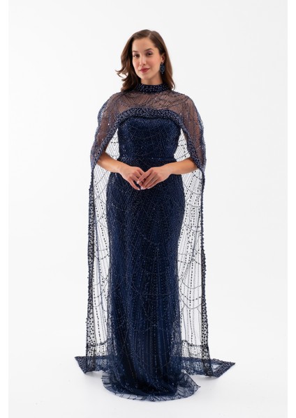 Kadın Lacivert Straplez Uzun Şal Detay Boncuklu Söz Nişan Abiye fiyatları