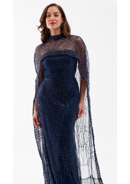 Kadın Lacivert Straplez Uzun Şal Detay Boncuklu Söz Nişan Abiye modelleri