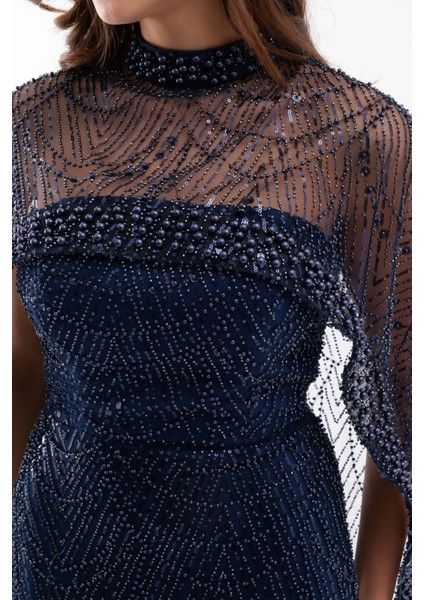 Kadın Lacivert Straplez Uzun Şal Detay Boncuklu Söz Nişan Abiye fırsatları