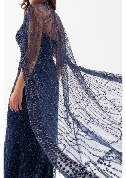 Kadın Lacivert Straplez Uzun Şal Detay Boncuklu Söz Nişan Abiye indirimleri