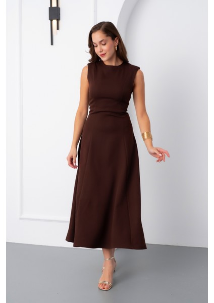Kadın Kahverengi Vatkalı Midi Davet Elbisesi