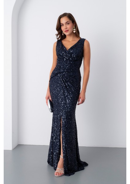 Kadın Lacivert V Yaka Pul Payet Uzun Abiye Elbise