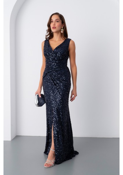 Kadın Lacivert V Yaka Pul Payet Uzun Abiye Elbise fiyatları