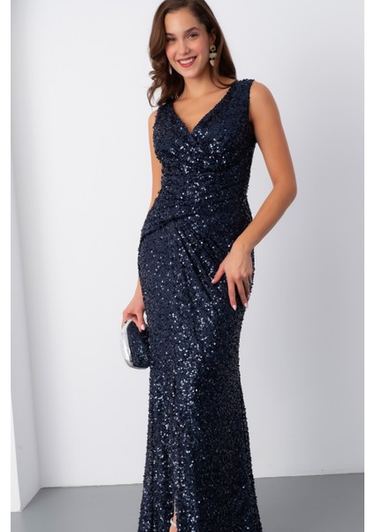 Kadın Lacivert V Yaka Pul Payet Uzun Abiye Elbise modelleri