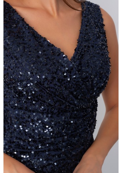 Kadın Lacivert V Yaka Pul Payet Uzun Abiye Elbise fırsatları