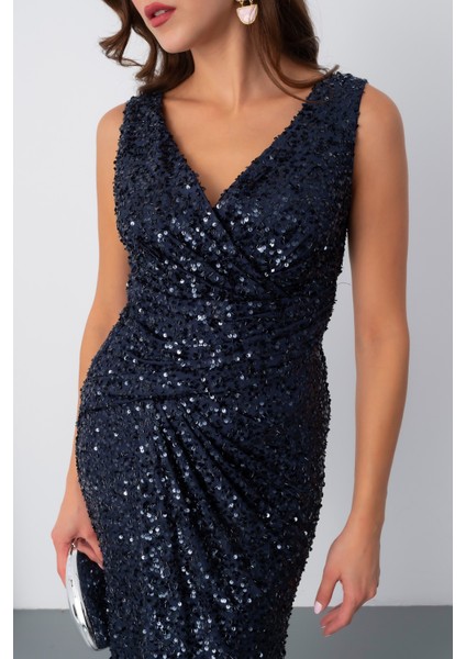 Kadın Lacivert V Yaka Pul Payet Uzun Abiye Elbise indirimleri