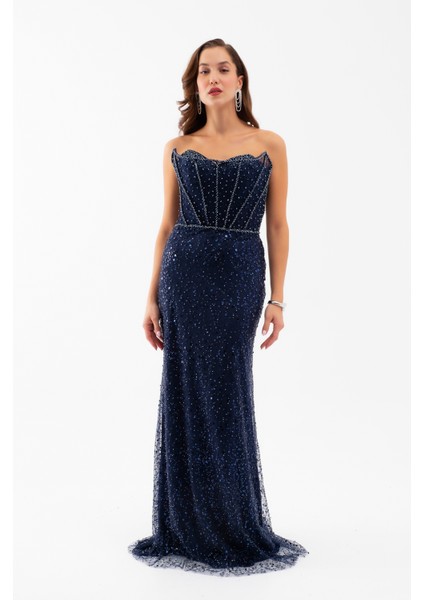 Kadın Lacivert Straplez Taşlı Balık Abiye Elbise fiyatları