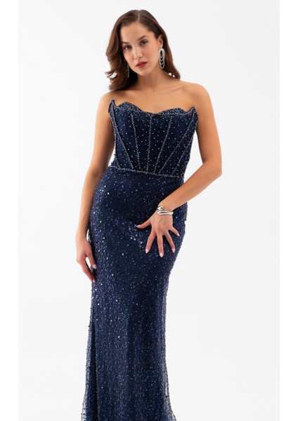 Kadın Lacivert Straplez Taşlı Balık Abiye Elbise modelleri