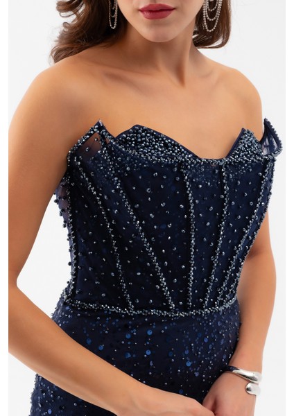 Kadın Lacivert Straplez Taşlı Balık Abiye Elbise fırsatları